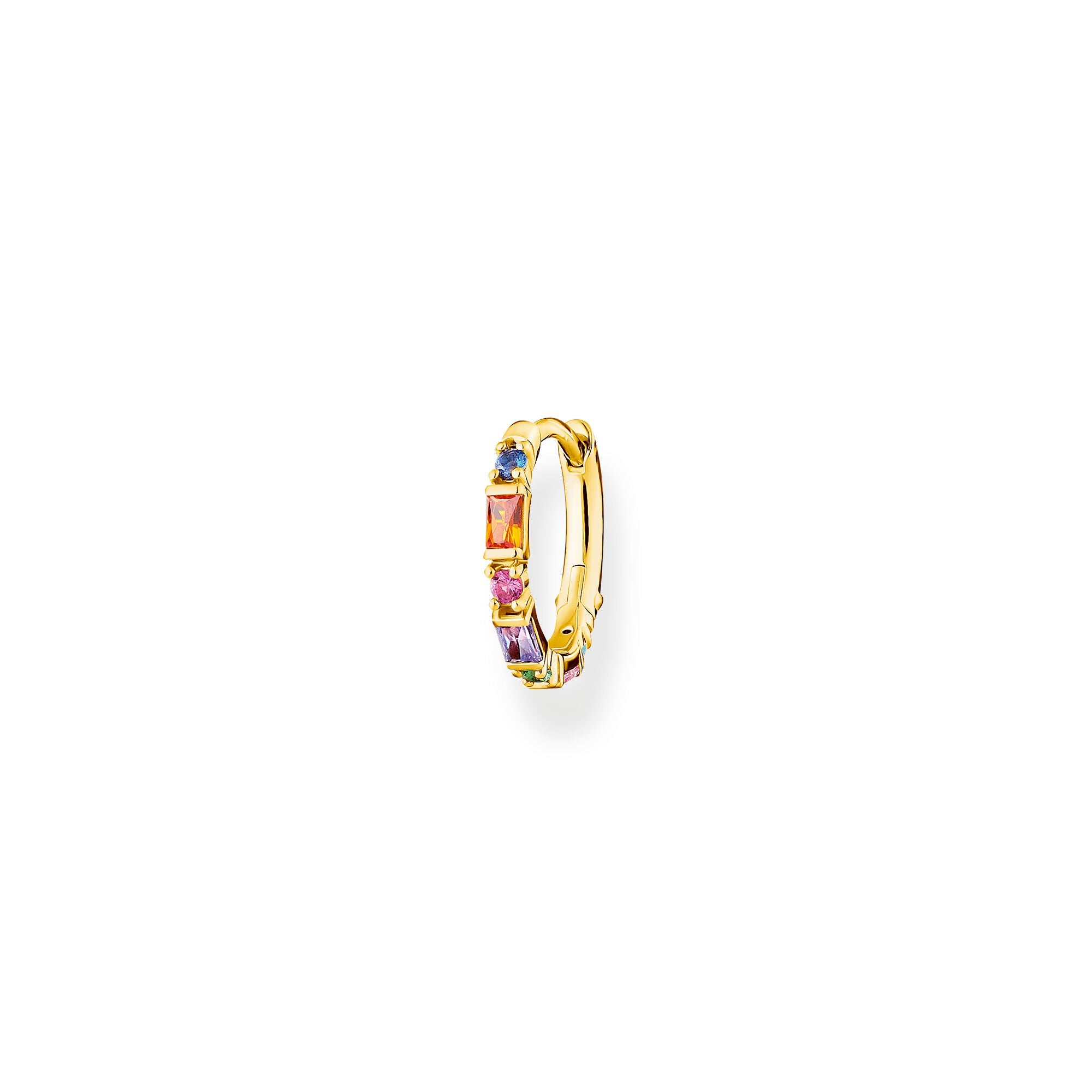 Single Hoop Earring Baguette And Round Cut Rainbow Stones - Gold