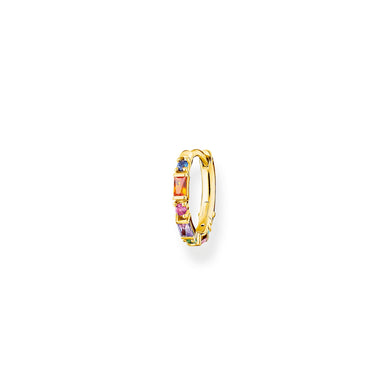 Single Hoop Earring Baguette And Round Cut Rainbow Stones - Gold
